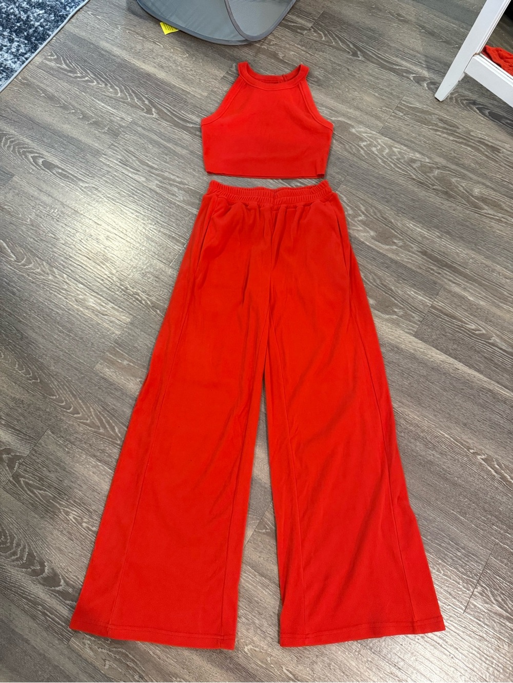 Red Wide-Leg Lounge Pants with Crop Tank Top